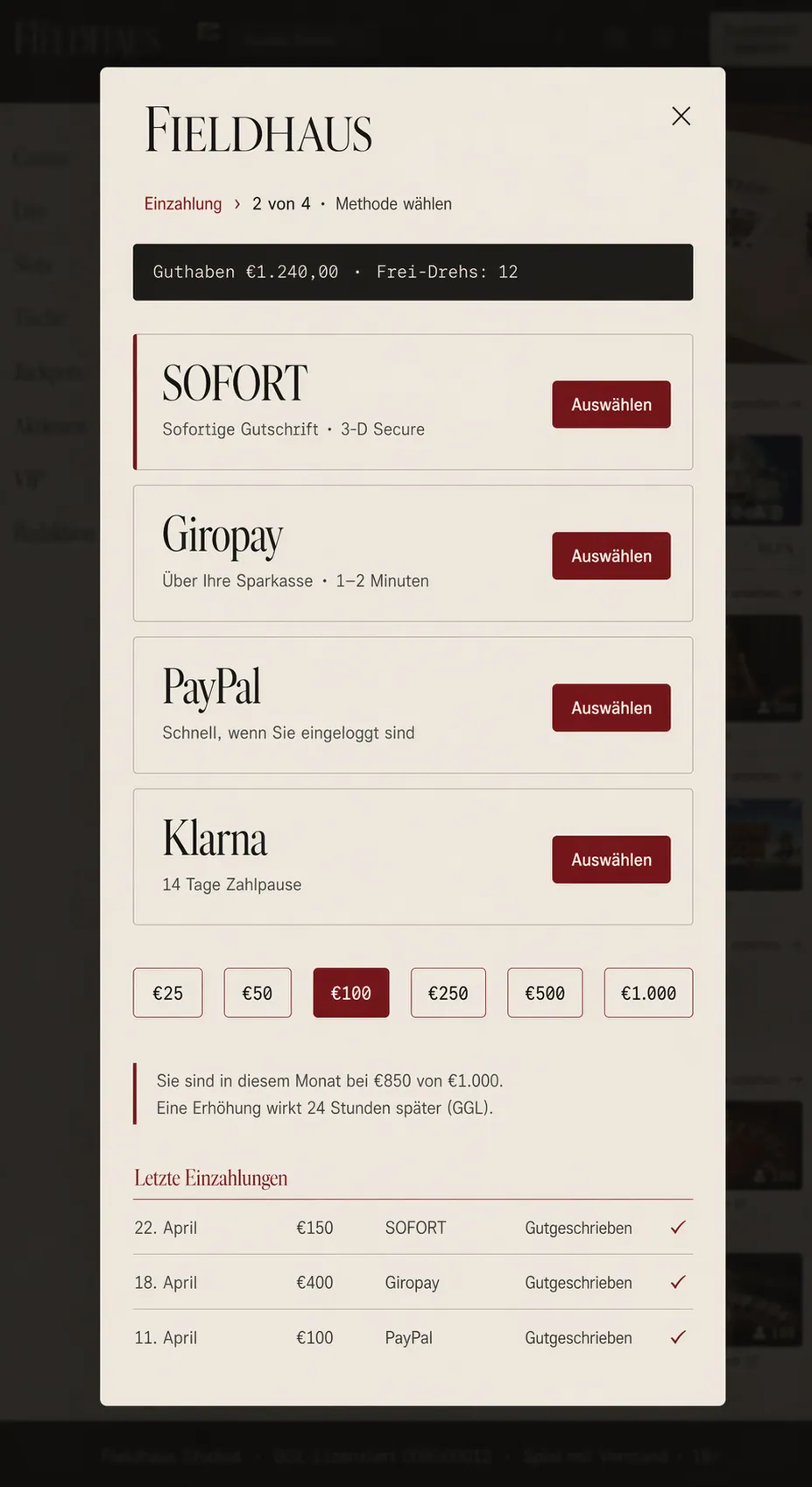 Cashier wizard — SOFORT / Giropay / PayPal / Klarna as explicit ordered rows, amount chip selector, Monatslimit note and recent-deposits ribbon