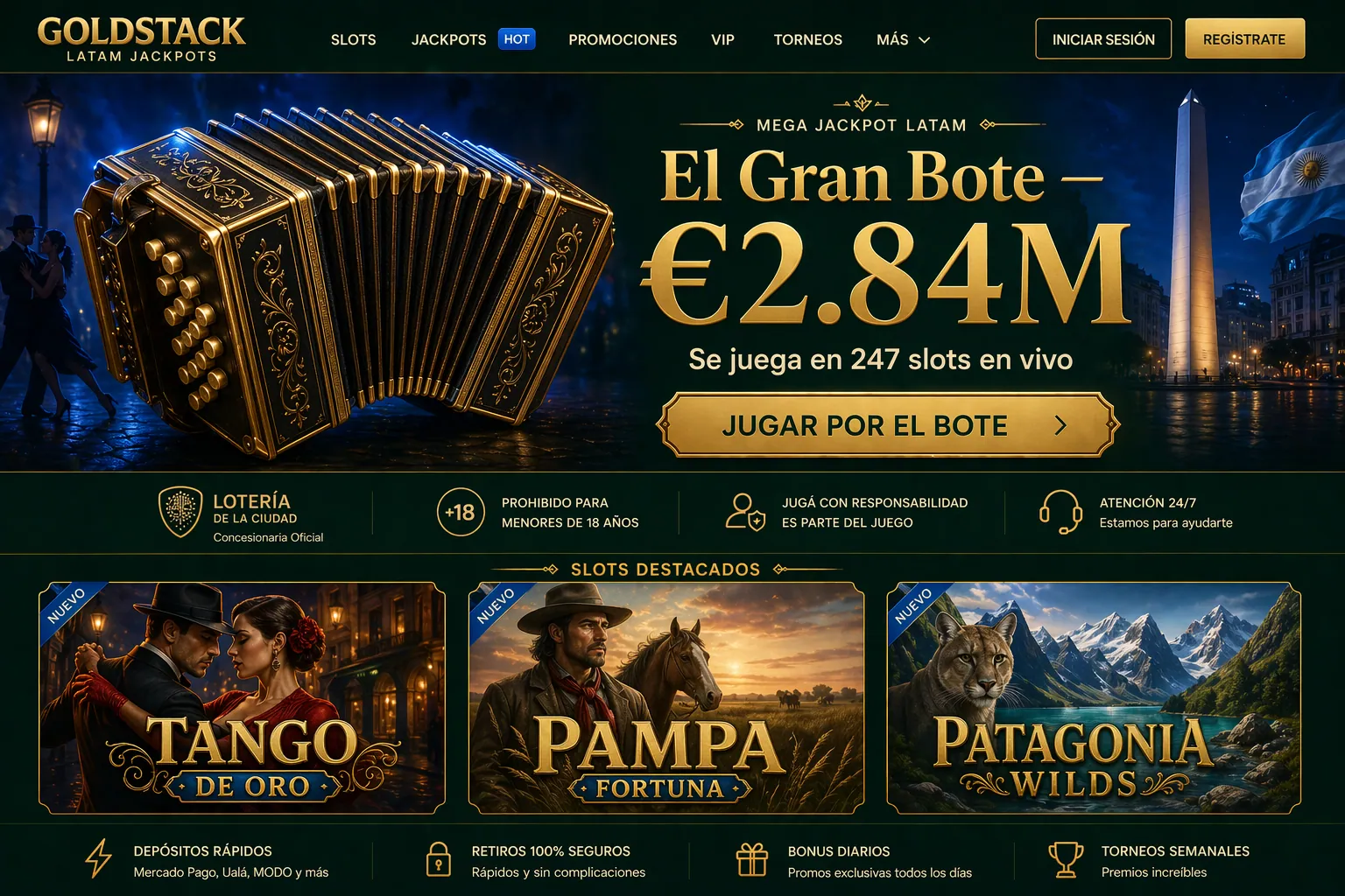 Argentina · El Gran Bote $ARS 2.85B · Tango cobalt, LOTBA mark, Telegram CTA