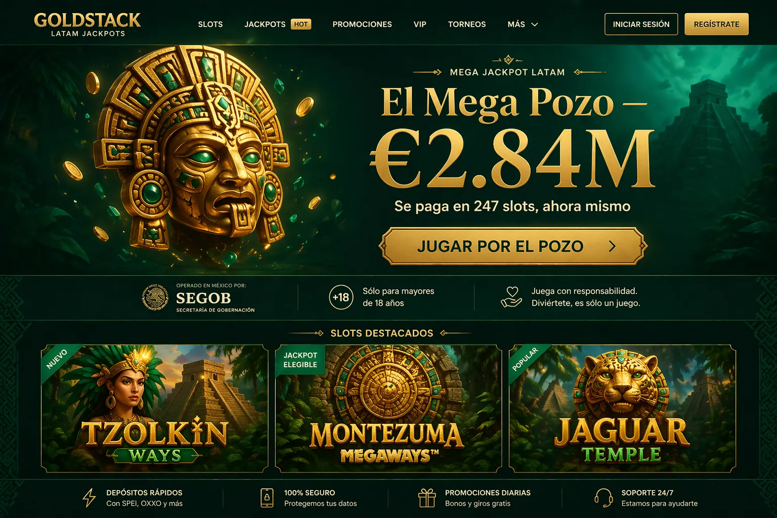 Mexico · El Mega Pozo €2.84M · Aztec jade accent, SEGOB mark, WhatsApp CTA