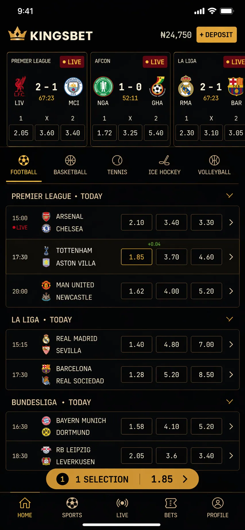 Mobile home — thumb-reach live carousel with persistent bet-slip pill