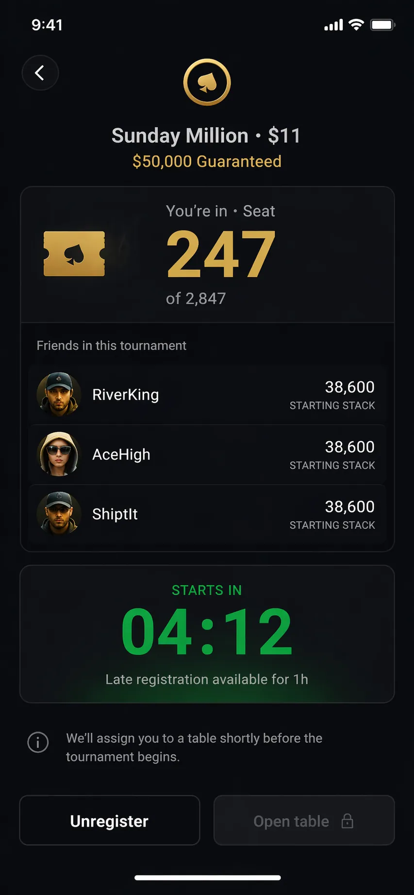 Lobby — seat 247 assigned, 4:12 to kickoff