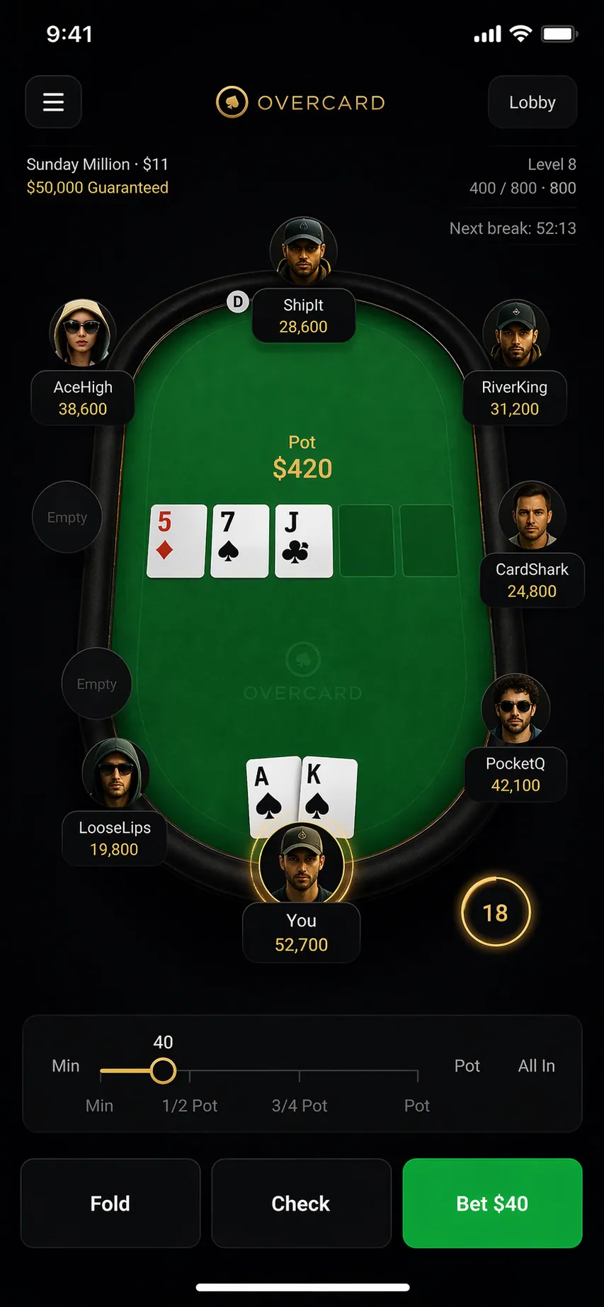 Live table — A♠K♠ in the pocket, Bet $40 inside the thumb-ring