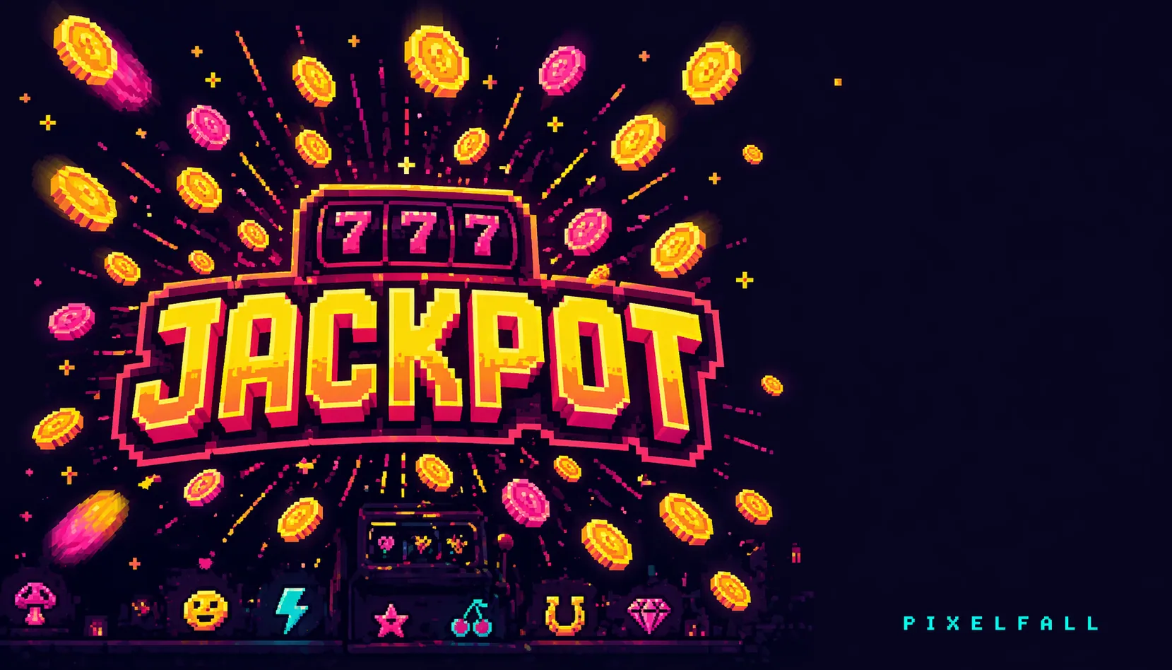 Jackpot creative — 777 pixel-coin burst, alternate welcome variant