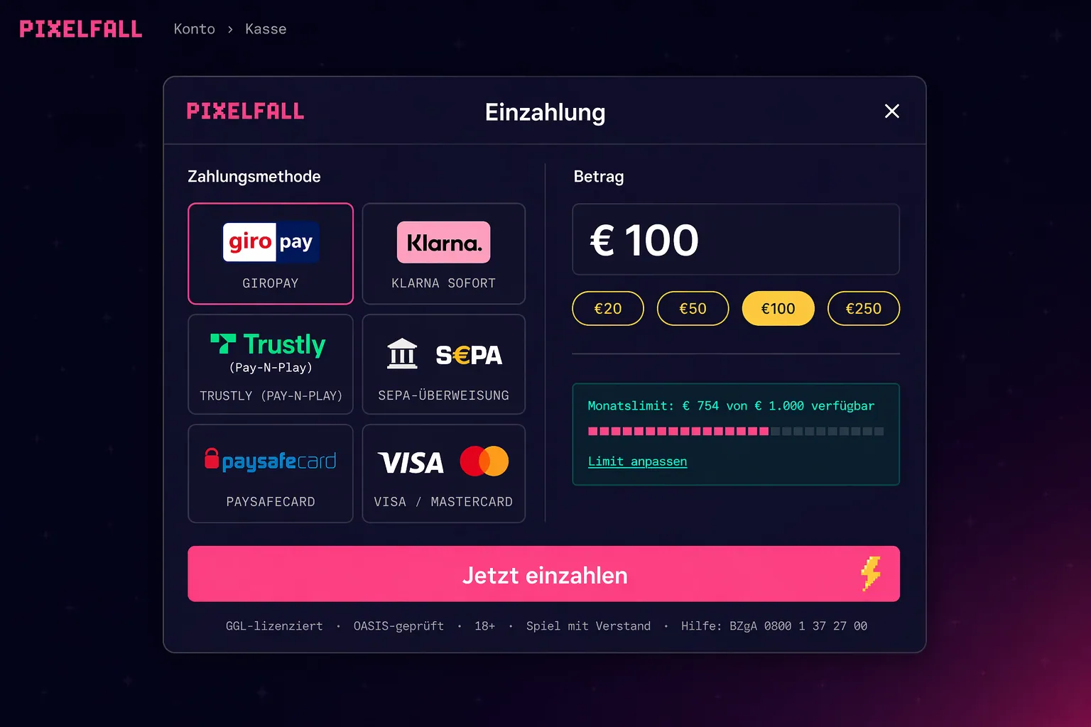 Desktop cashier — Giropay, Klarna, Trustly, SEPA, Paysafecard with Monatslimit €754/€1,000