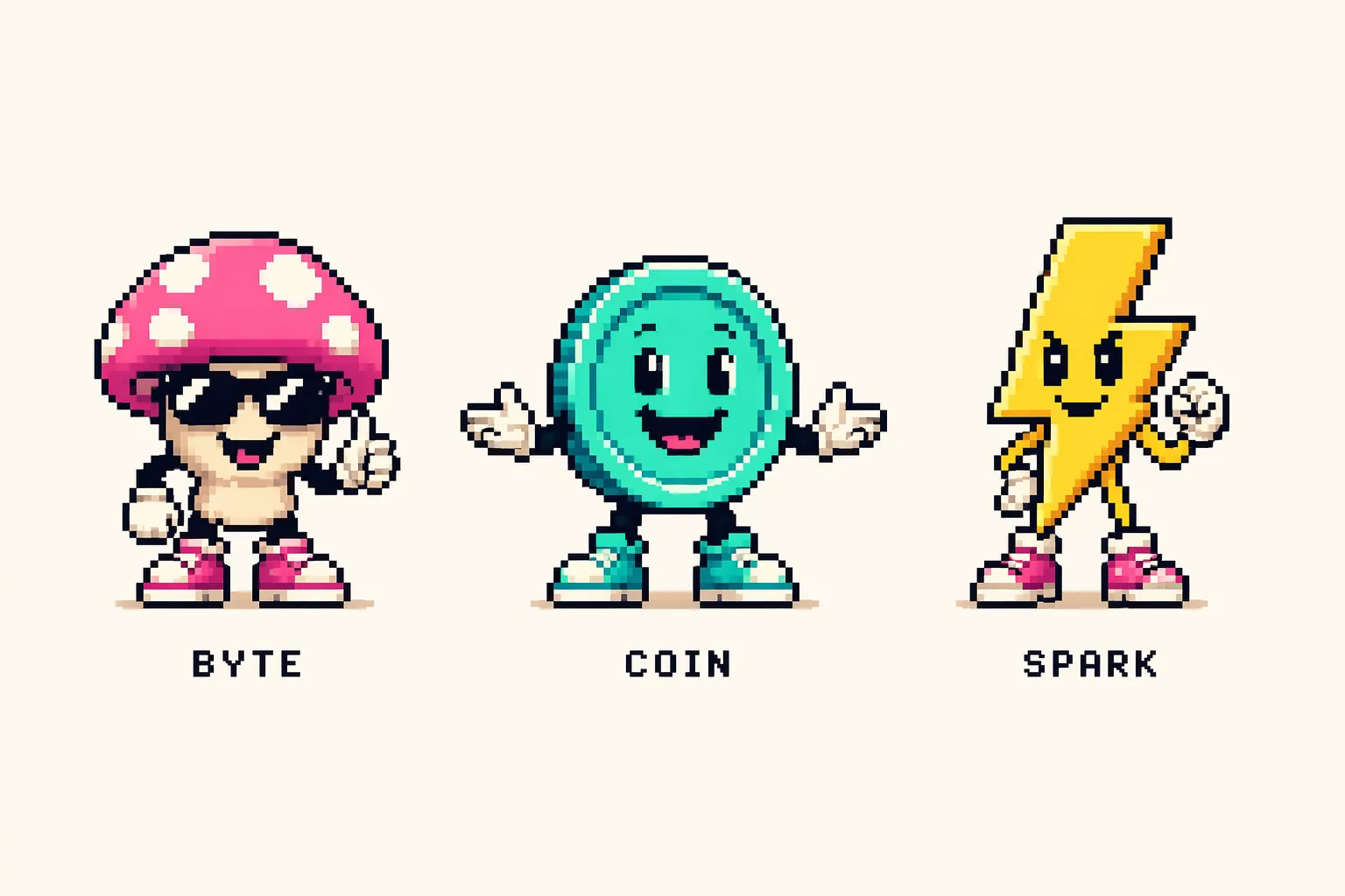 Mascot set — Byte, Coin, Spark (the trio that recurs on every win screen)