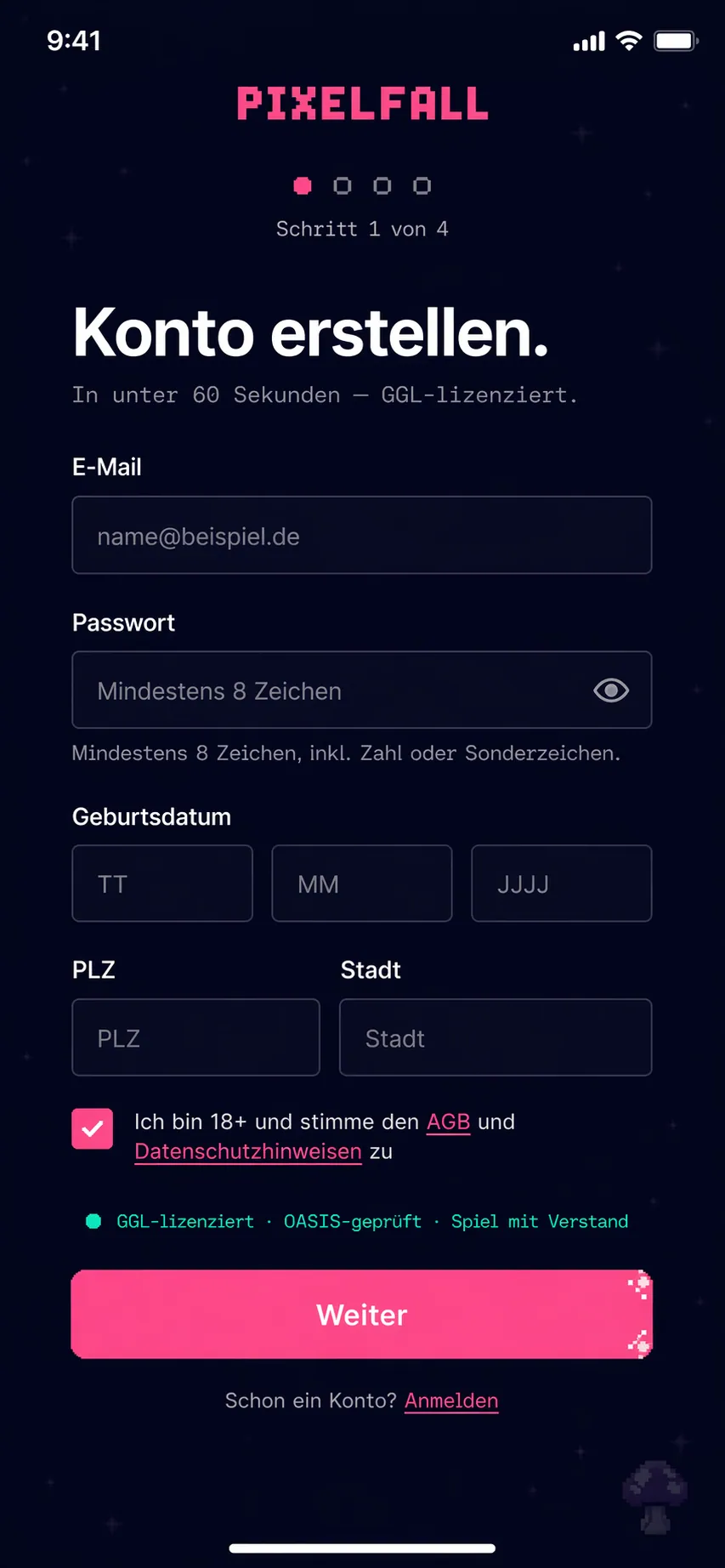 Registration — Konto erstellen, GGL-licensed, OASIS-geprüft, Step 1/4