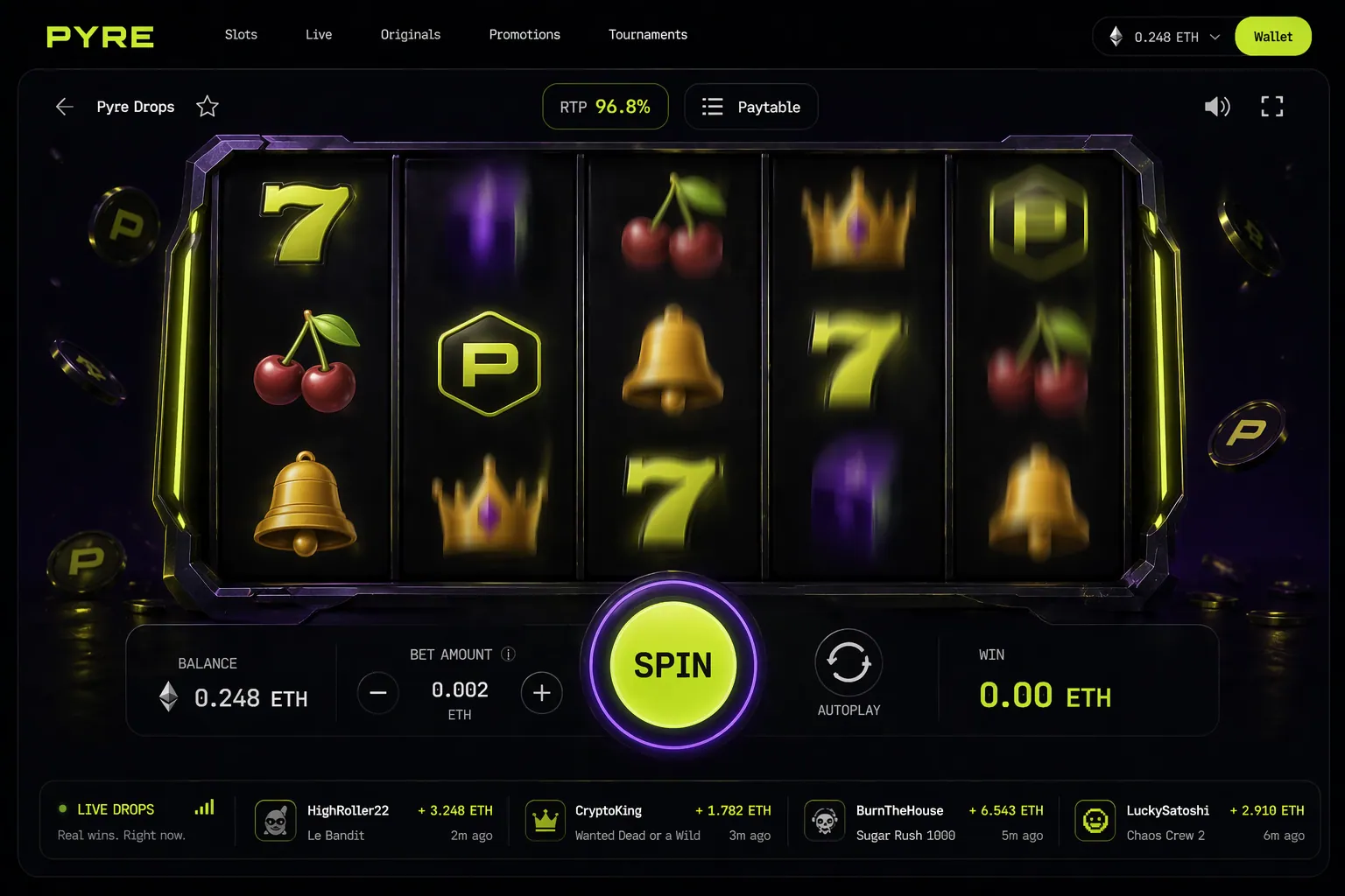 Slot in play — Pyre Drops, 5×3 reels, acid-lime SPIN, live-drops strip