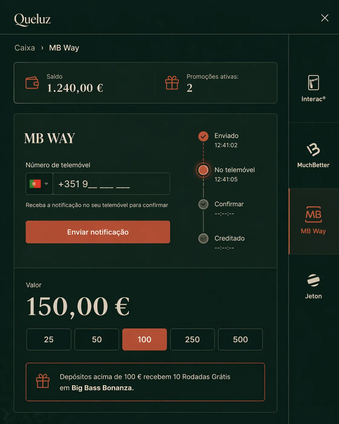 Cashier — MB Way flow for Portugal: phone prompt, status ladder, promo chip rewarding deposits above €100