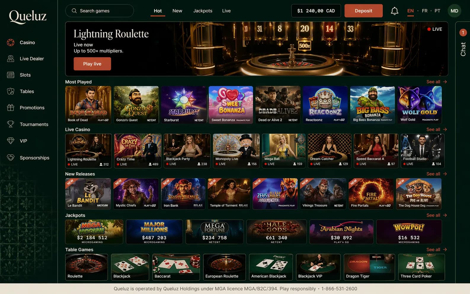 Homepage — editorial hero with Mesa / Ao vivo / Slots tabs, EN/FR/PT language toggle, and a low-opacity azulejo ground